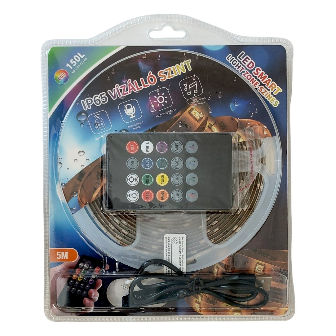 LED szalag, RGB | IP65 | 5m | Távirányító | USB táp | Tenevezérlés