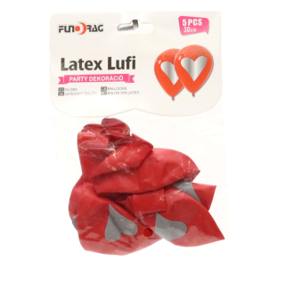 Lufi, Latex piros ezüst szívvel 30cm 5db/cs 612847