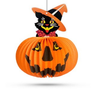 Halloween-i tökös lampion macskával akasztható 26cm